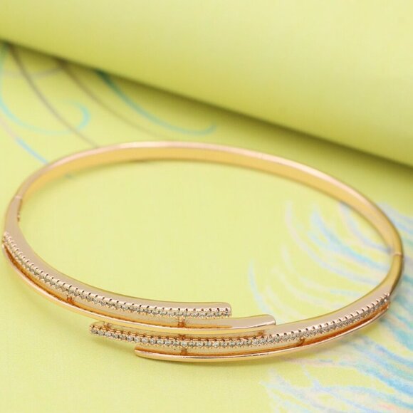 Elegant Rose Gold Bangle with Dual Layered CZ Bar Design, XPBL0594 - Picture 2 of 12